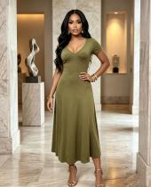 Short Sleeve V Neck Solid Maxi Dress GADE-103581