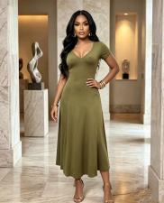 Short Sleeve V Neck Solid Maxi Dress GADE-103581