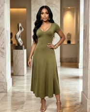 Short Sleeve V Neck Solid Maxi Dress GADE-103581