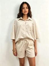Solid Color 3/4 Sleeve Loose Shirt Shorts Suit GADE-93641