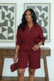 3/4 Sleeve Solid Color Shirt Belt Short 2 Piece Set GMYU-11311