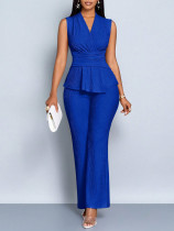 Sleeveless Ruffed Solid Color Two Piece Pants Set QYMF-F179