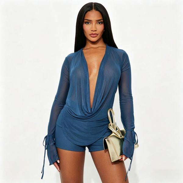 Solid Color Mesh Long Sleeve Tops Short Suit SHD-9984