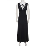 Lace Patchwrok V Neck Tie Up Maxi Dress GPKJ-MR46968