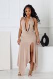 V Neck Halterneck Backless Split Maxi Dress GADE-11348