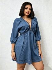 V Neck Puff Sleeve Denim Mini Dress GADE-6756