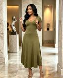 Short Sleeve V Neck Solid Maxi Dress GADE-103581