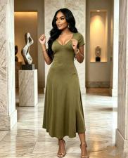 Short Sleeve V Neck Solid Maxi Dress GADE-103581