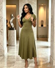 Short Sleeve V Neck Solid Maxi Dress GADE-103581