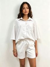 Solid Color 3/4 Sleeve Loose Shirt Shorts Suit GADE-93641
