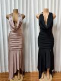 V Neck Halterneck Backless Split Maxi Dress GADE-11348