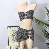 Stripe Wrap Chest Top Two Piece Skirts Set GFRT-32407SHY
