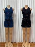 Plus Size Sleeveless Cherry Embroidered Vest Short Denim Suit GMYU-6765