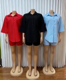 Solid Color 3/4 Sleeve Loose Shirt Shorts Suit GADE-93641