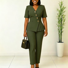 Plus Size Solid Color Short Sleeve Two Piece Pants Set GCZF-8663