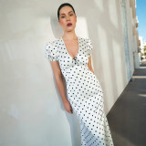 Polka Dots Print Puff Sleeve V Neck Maxi Dress XEF-K6D08600A