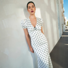 Polka Dots Print Puff Sleeve V Neck Maxi Dress XEF-K6D08600A