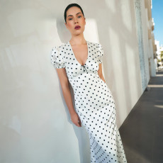 Polka Dots Print Puff Sleeve V Neck Maxi Dress XEF-K6D08600A