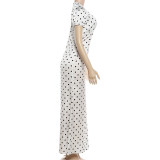 Polka Dots Print Puff Sleeve V Neck Maxi Dress XEF-K6D08600A
