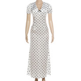 Polka Dots Print Puff Sleeve V Neck Maxi Dress XEF-K6D08600A