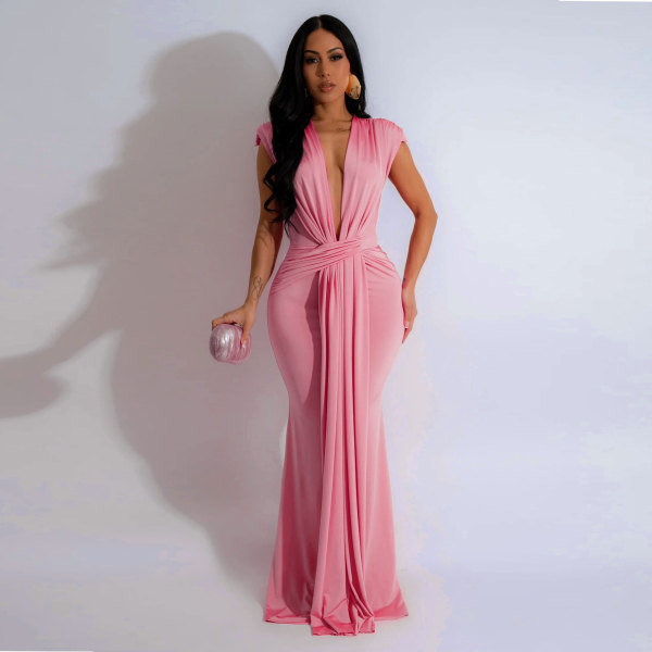 Solid Color Deep V Neck Maxi Dress SFY-886