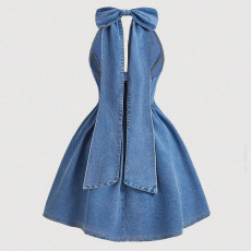 Fashion Denim Bow Tie Halterneck  Mini Dress GDAM-208908