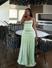Contrast Color Stripe Knits Sling Maxi Dress OLYF-6200