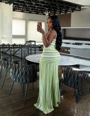 Contrast Color Stripe Knits Sling Maxi Dress OLYF-6200