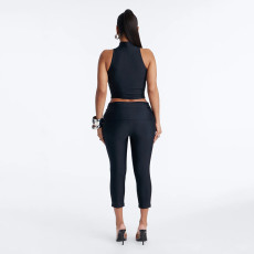 Solid Color Hollow Out Tops Seventh Pants Suit GDSF-J26ST187