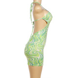 Print Halterneck Backless Mini Dress GZJQ-K6D08542A