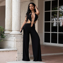 Sexy Tie Up Backless Solid Color Jumpsuit BY-7687