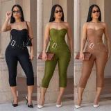 Solid Color Wrap Chest Seventh Jumpsuit BY-7693