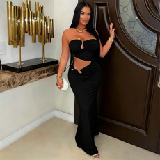 Sexy Hollow Out Backless Tube Top Maxi Dress BY-7696