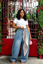 Plus Size Washed Straight Jeans(With Square Scarf)GYLN-5699
