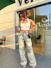 Plus Size Lace Holes Print Jeans GYLN-0197
