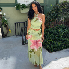 Print Cross Halterneck Backless Long Skirt Suit GJYO-JSD711886