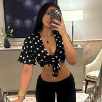 Polka Dots Print Short Sleeve Tie UP Tops GSZM-D26TP120