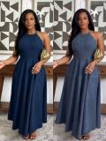 Fashion Denim Off Shoulder Sling Maxi Dress GADE-6755