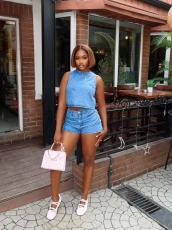 Cherry Embroidery Sleeveless Denim Two Piece Shorts Set GADE-6753