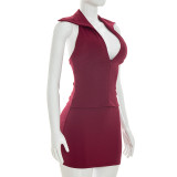 Solid Color Lapel Zipper Two Piece Skirts Set GSZM-D26ST167