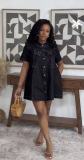 Bow-Tie Denim Short Sleeve Mini Dress GADE-6731