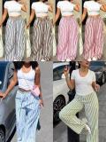 Plus Size Solid Color T Shirt Stripe Pants 2 Piece Set GADE-11411