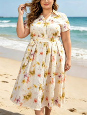 Plus Size Print Short Sleeve Midi Dress GAWE-6761