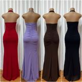 Single Shoulder Solid Color Ruched Maxi Dress GADE-11340