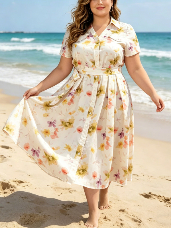 Plus Size Print Short Sleeve Midi Dress GAWE-6761