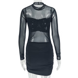 Mesh Long Sleeve Ruched Mini Dress GJYO-JD305329