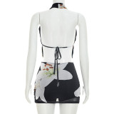 Print Backless Tie Up Mesh Two Piece Skirts Set GSZM-D26ST166
