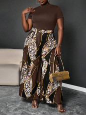 Plus Size Solid Color Tops Leopard Wide Leg Pants Suit GAWE-6748