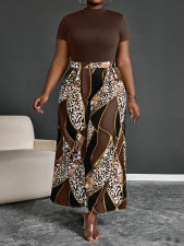 Plus Size Solid Color Tops Leopard Wide Leg Pants Suit GAWE-6748