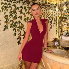Solid Color Lapel Zipper Two Piece Skirts Set GSZM-D26ST167